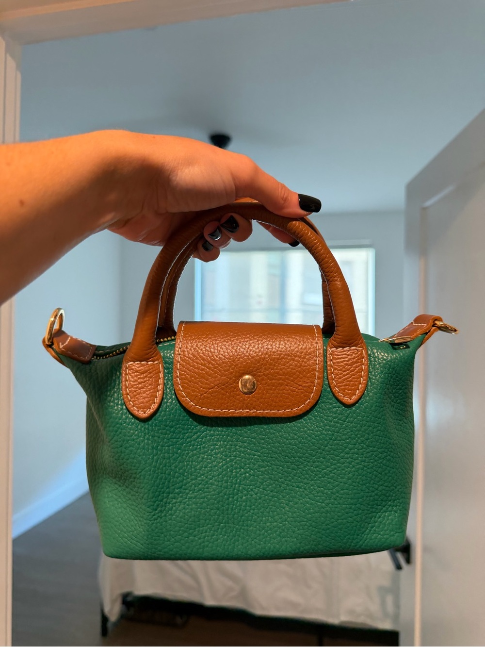 Green and Tan Leather Top-Handle Tote